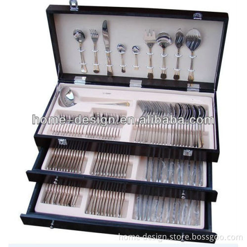 Three layer wooden box 125/128 PCS SAND BLAST CUTLERY SET FOR SERVING 12 PERSONS